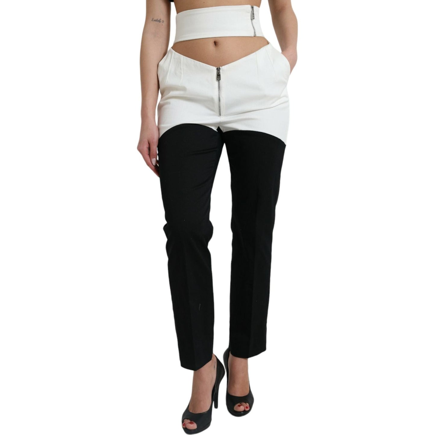Dolce & Gabbana Black White Cotton Cut Out Waist Tapered Pants PAN74952-40