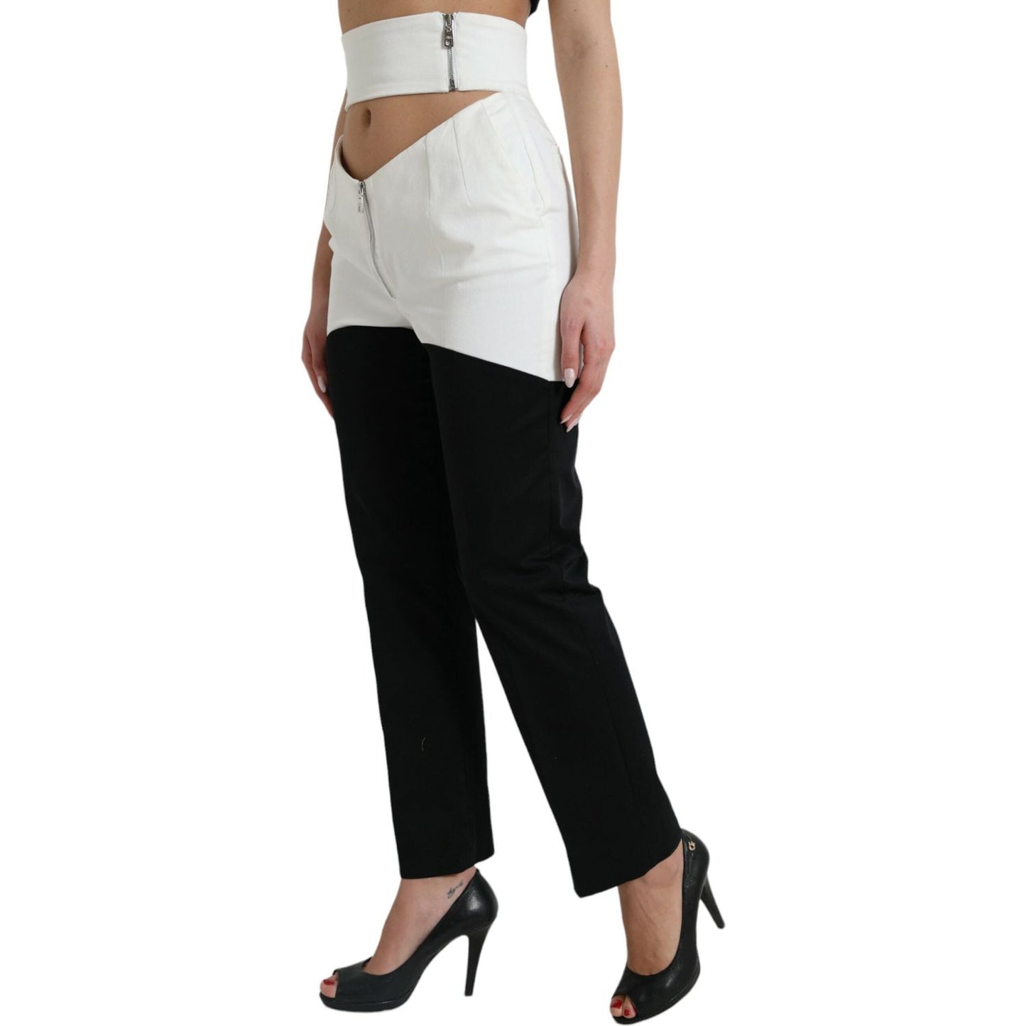 Dolce & Gabbana Black White Cotton Cut Out Waist Tapered Pants PAN74952-40