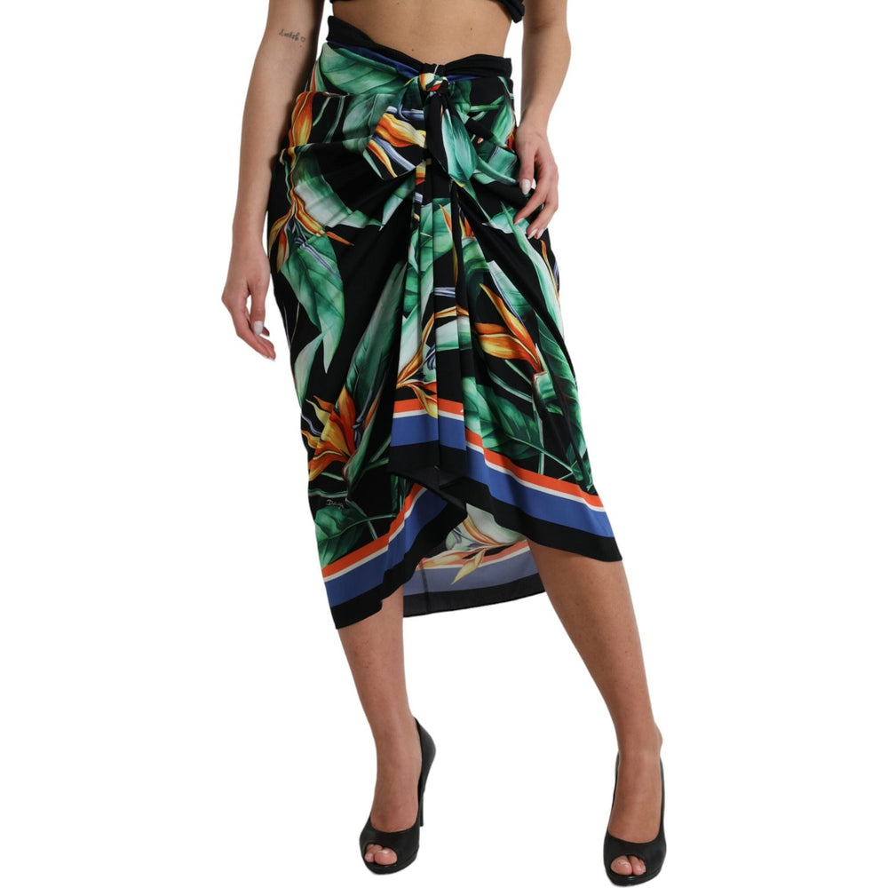 Dolce & Gabbana Black Strelitzia High Waist Wrap Midi Skirt SKI1931-36