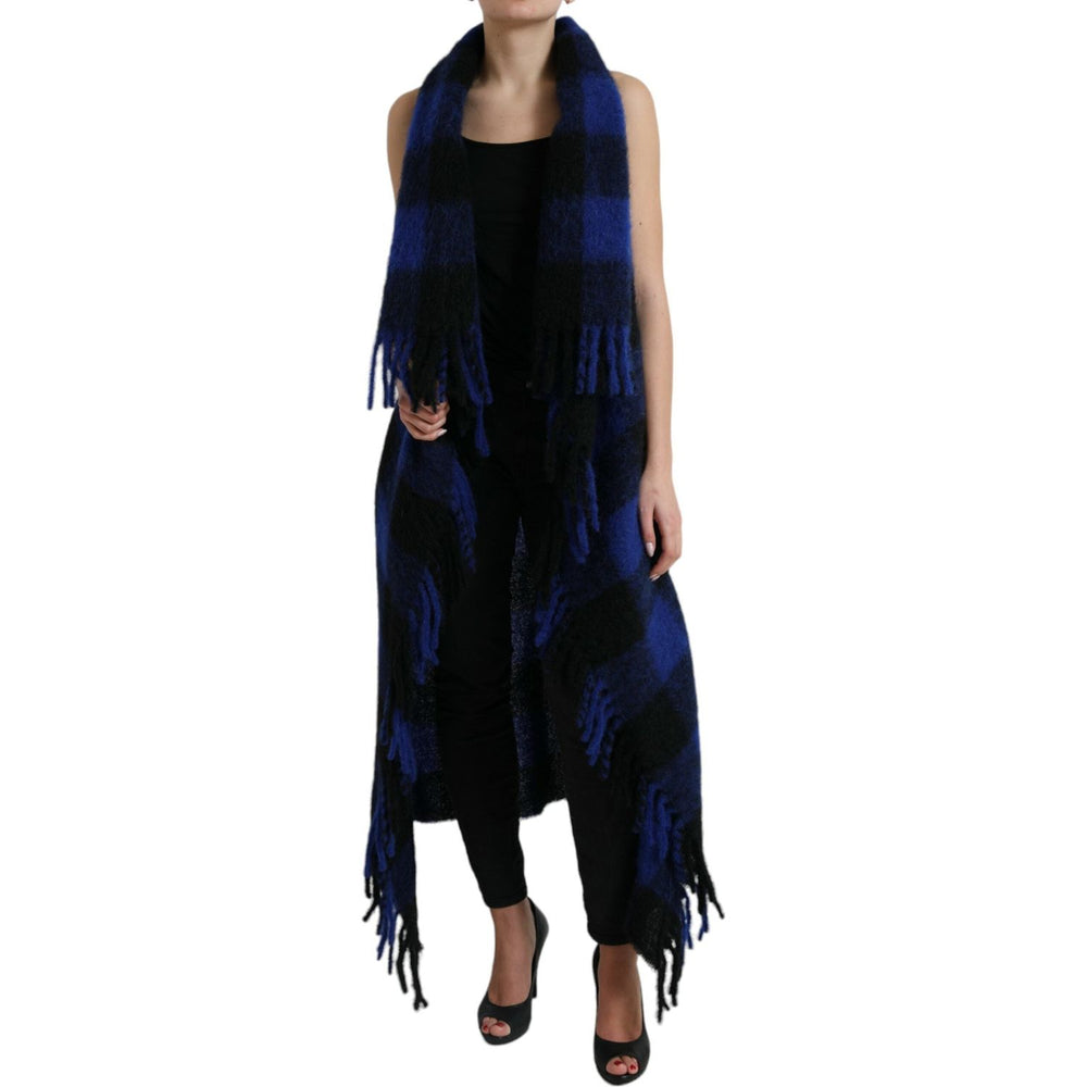 Dolce & Gabbana Black Blue Buffalo Check Poncho Coat Sweater TSH84219-40