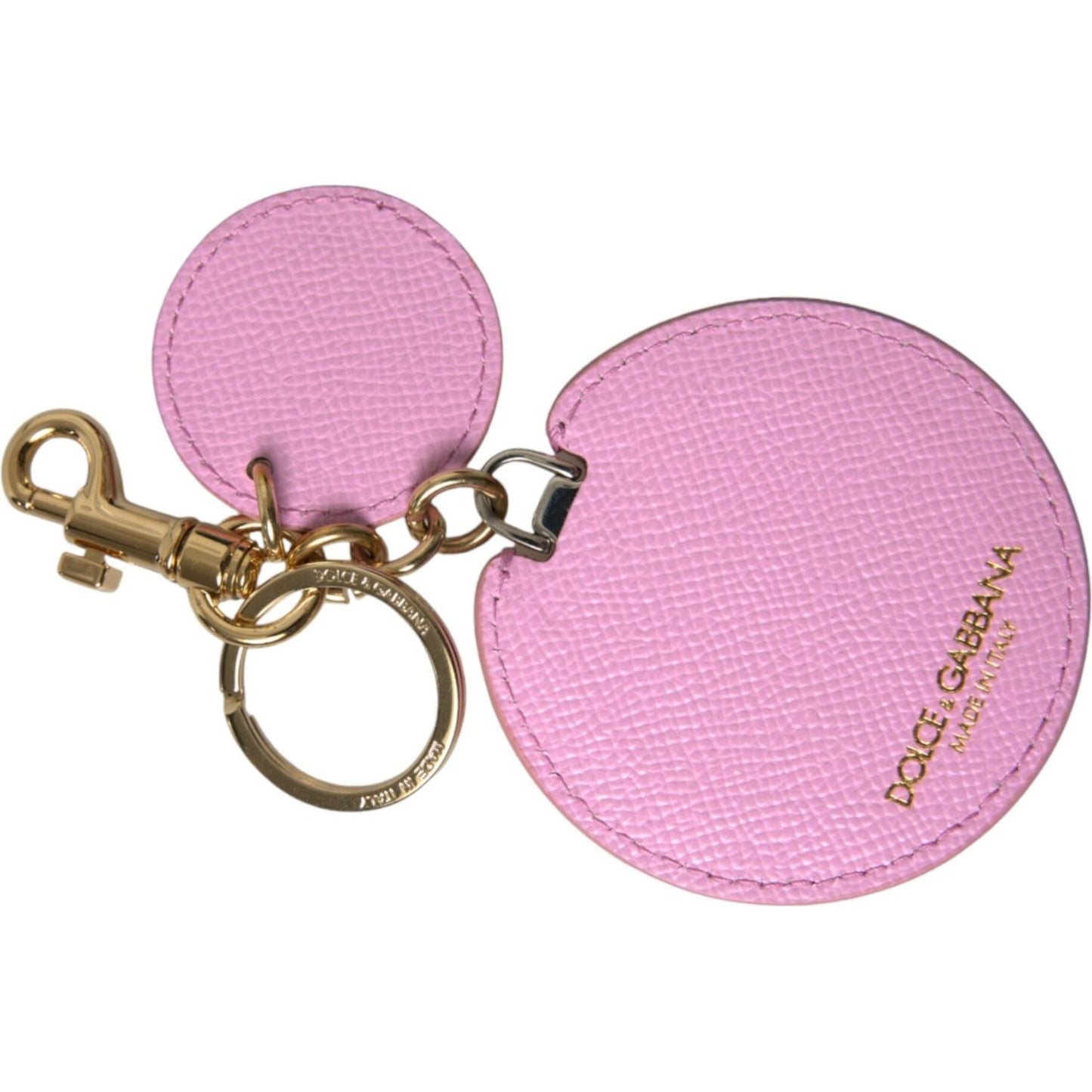 Dolce & Gabbana Pink Calf Leather Gold Metal Logo Print Keyring Keychain SMY101226