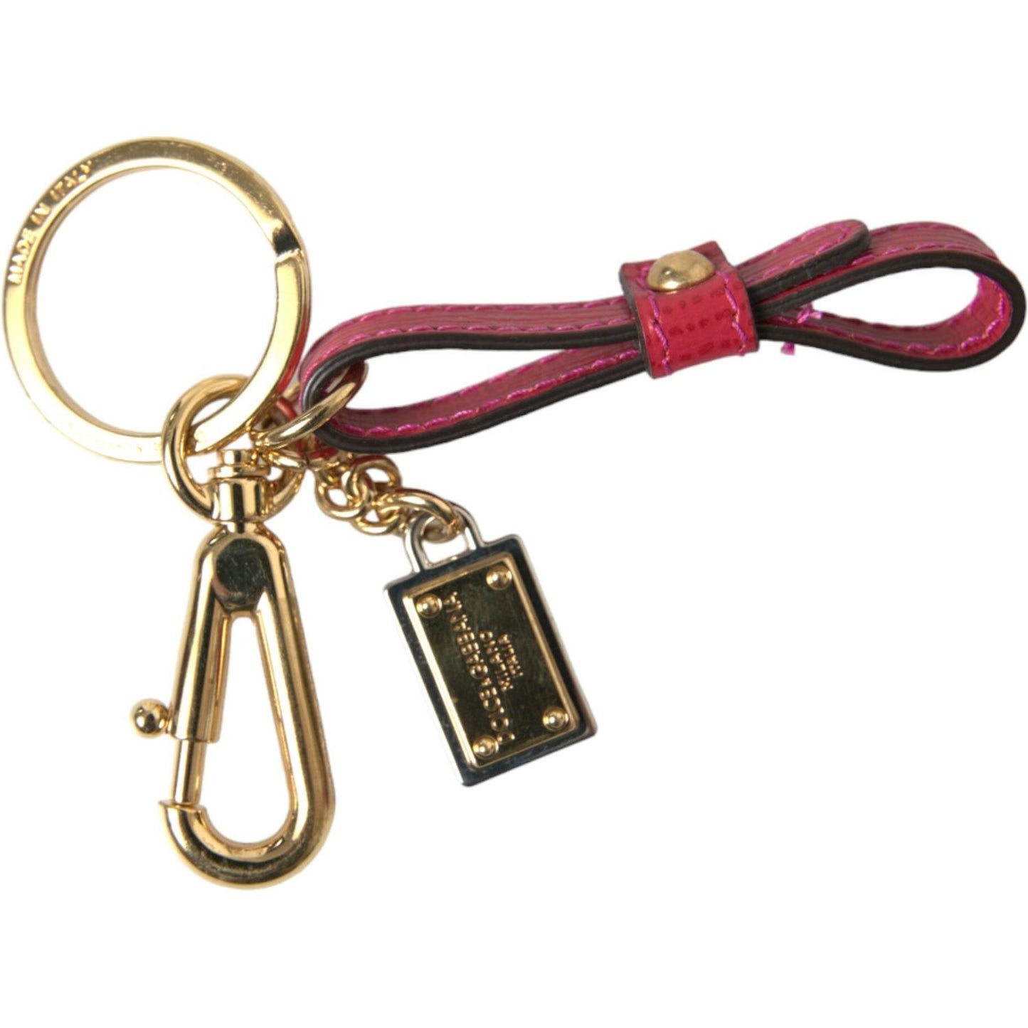 Dolce & Gabbana Red Calf Leather Gold Metal Logo Plaque Keyring Keychain SMY101283