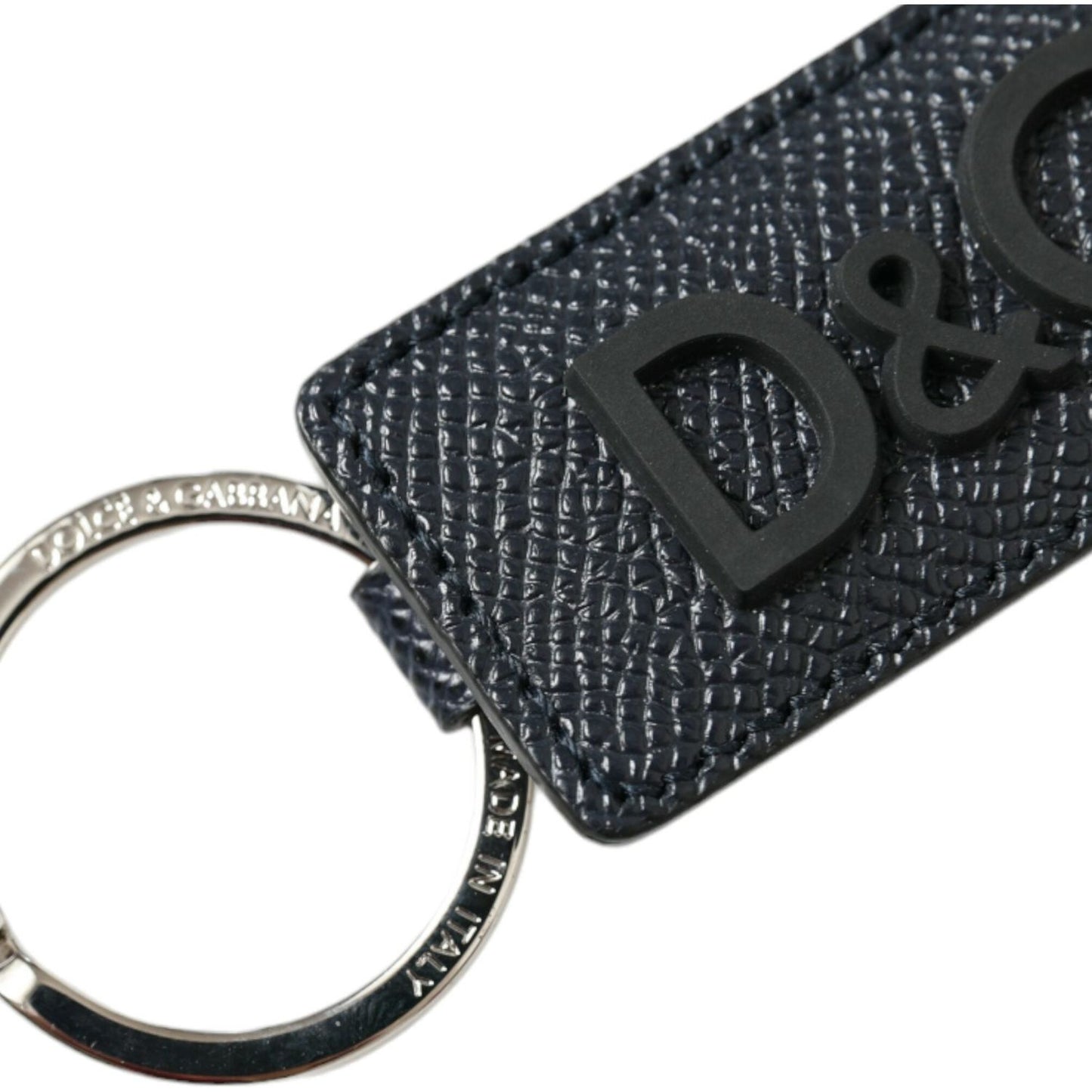 Dolce & Gabbana Black Calf Leather DG Logo Silver Brass Keyring Keychain SMY101359