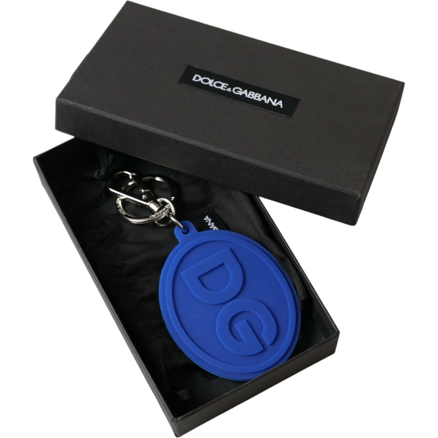Dolce & Gabbana Blue Rubber DG Logo Silver Brass Metal Keyring Keychain SMY101362