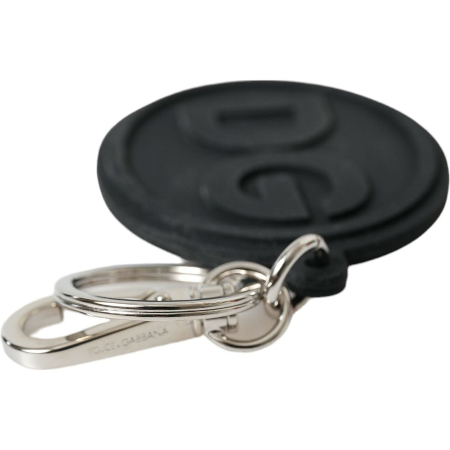 Dolce & Gabbana Black Rubber DG Logo Silver Brass Metal Keyring Keychain SMY101363