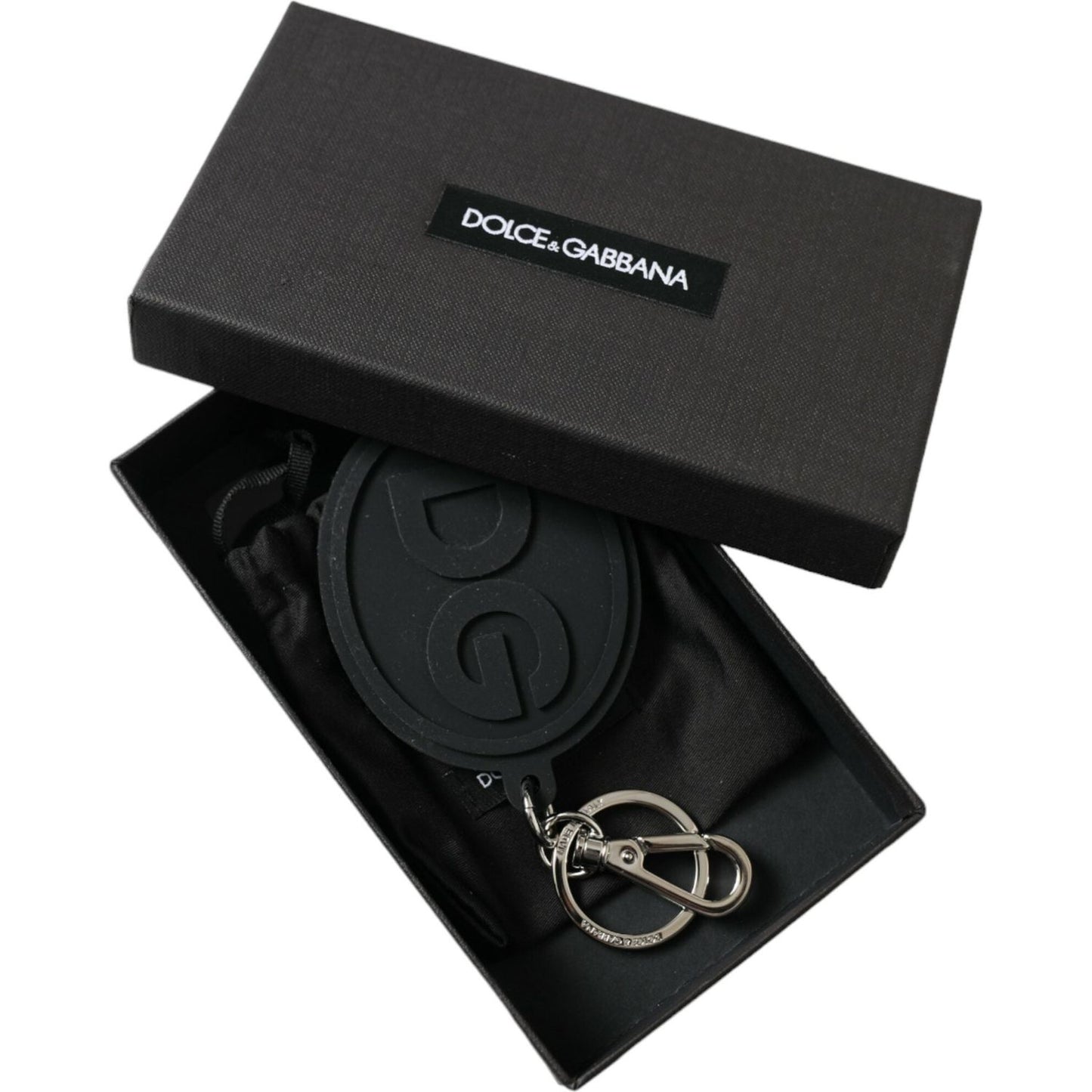 Dolce & Gabbana Black Rubber DG Logo Silver Brass Metal Keyring Keychain SMY101363