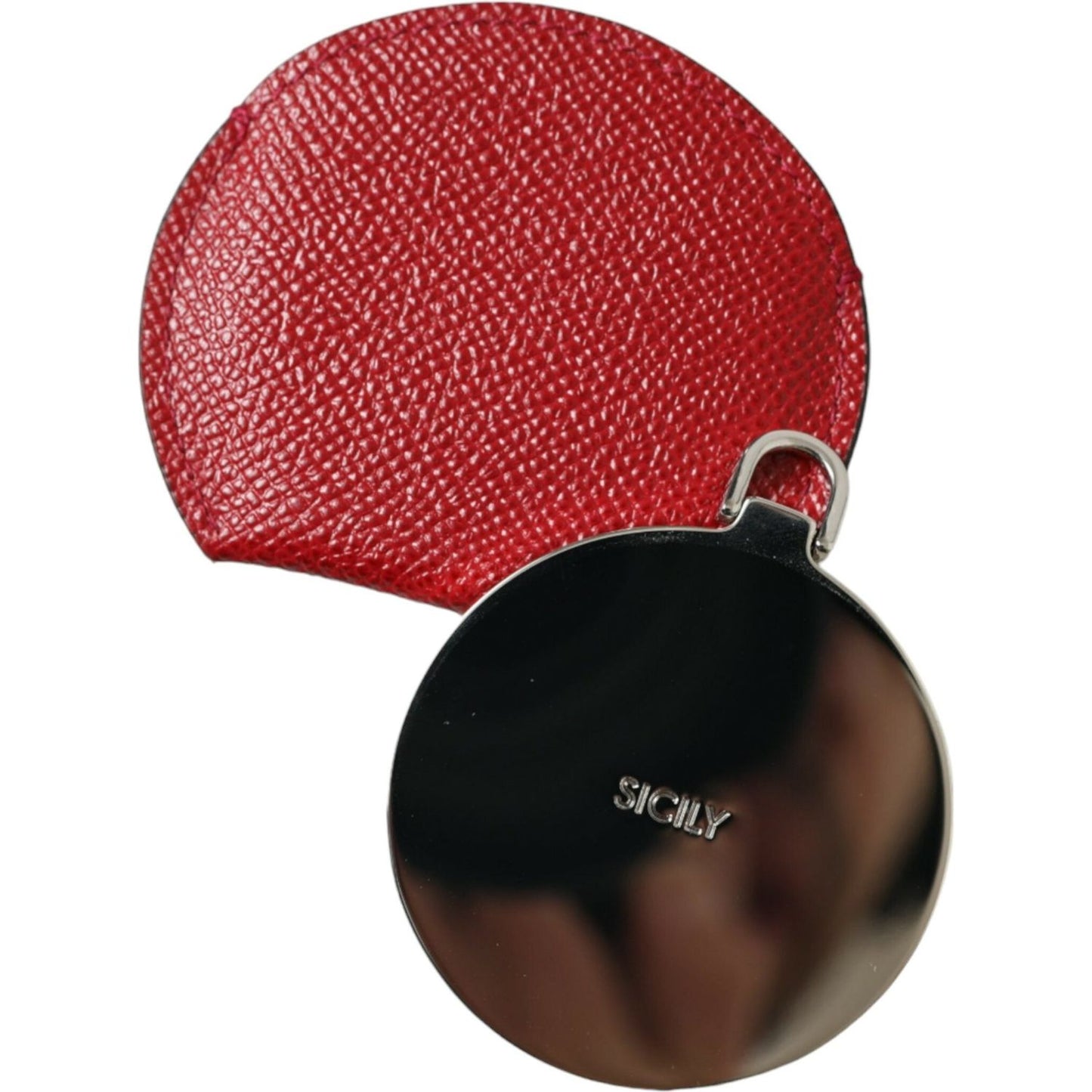 Dolce & Gabbana Red Calfskin Leather Round Logo Hand Mirror Holder SMY101228