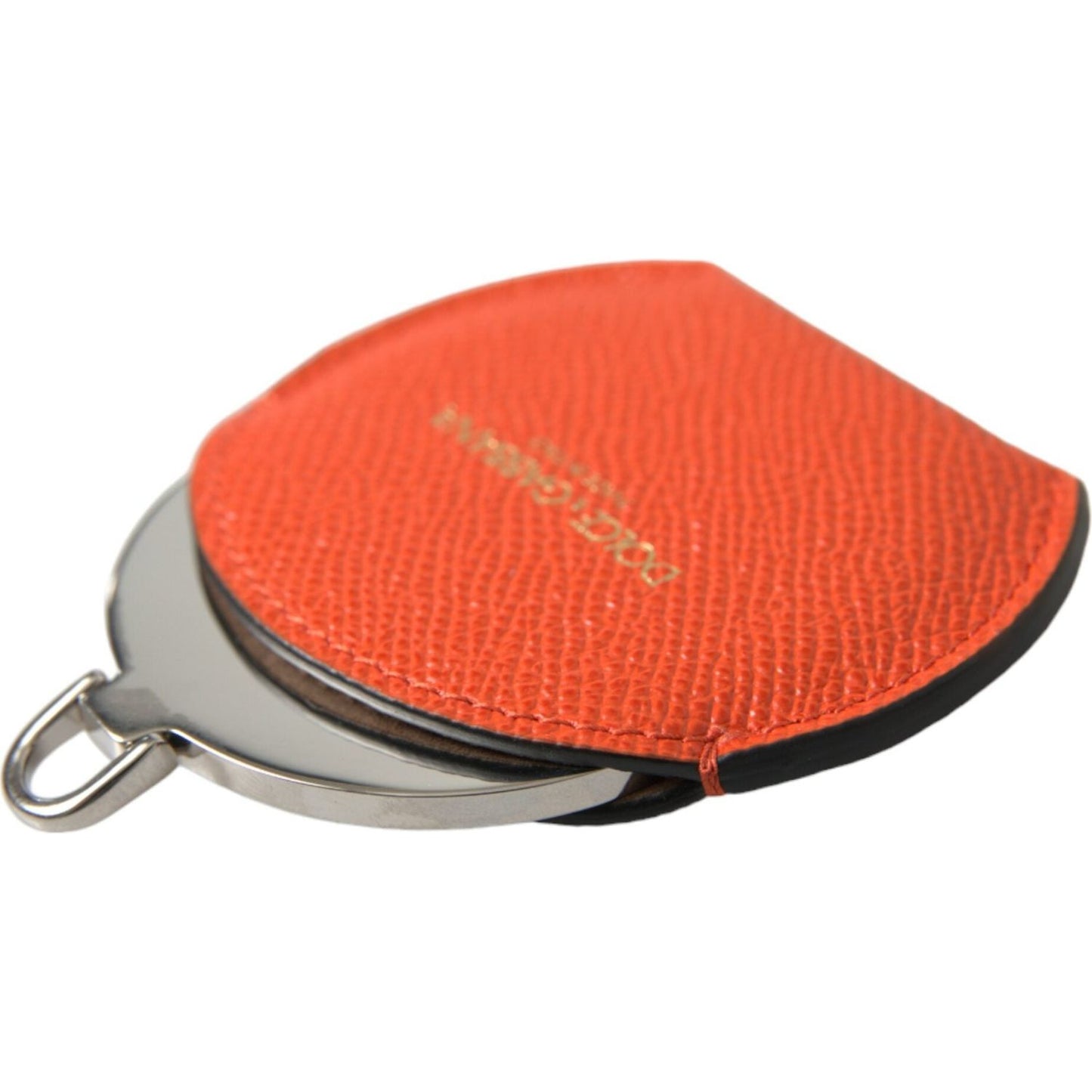 Dolce & Gabbana Orange Calfskin Leather Round Logo Hand Mirror Holder SMY101348