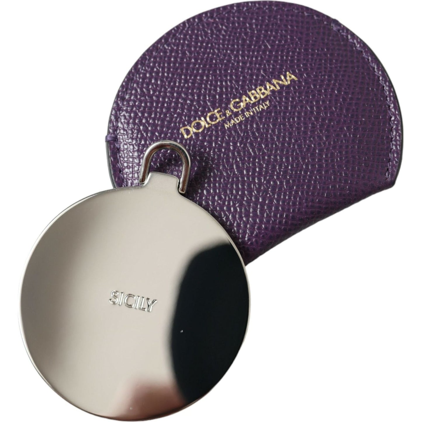 Dolce & Gabbana Purple Calfskin Leather Round Logo Hand Mirror Holder SMY101352