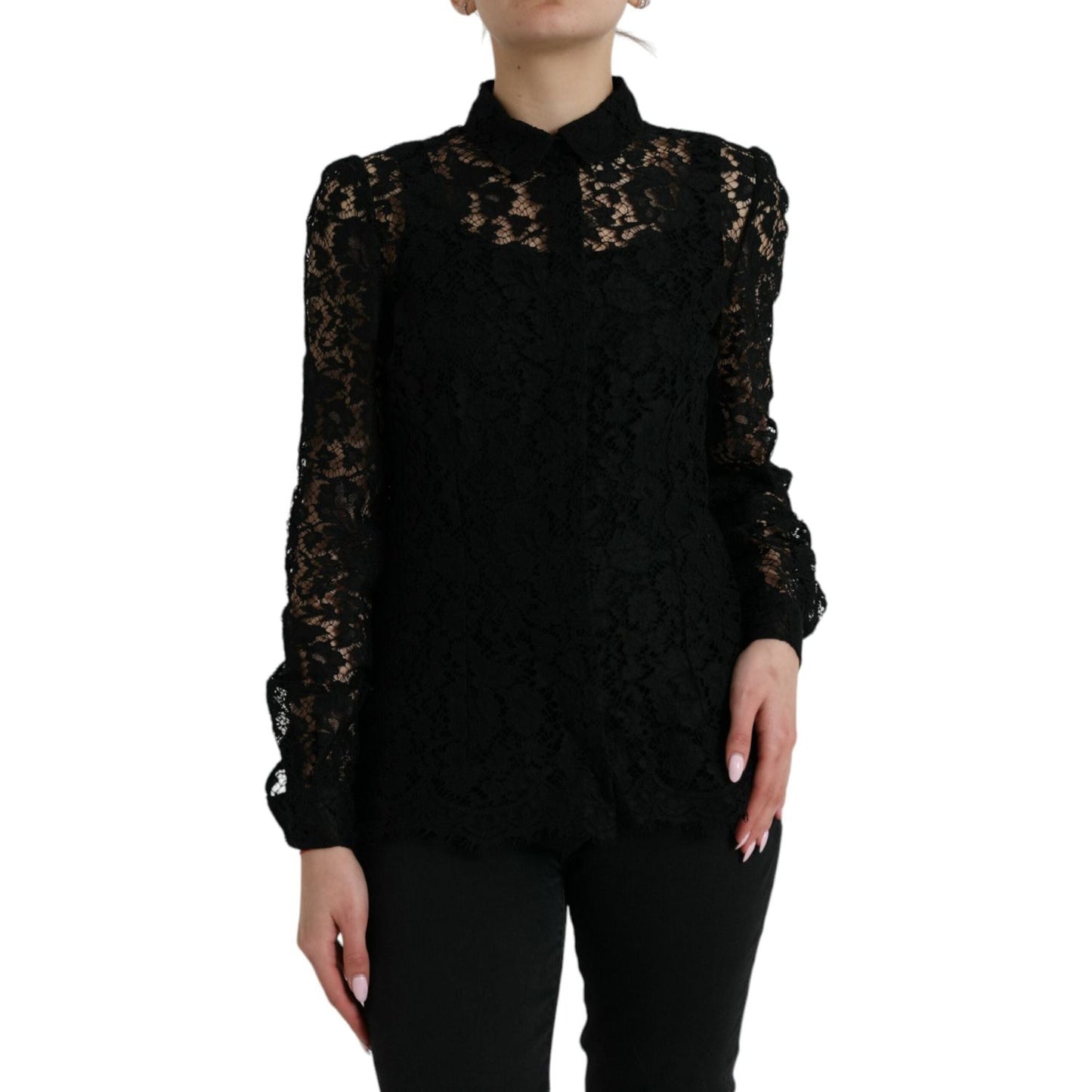 Dolce & Gabbana Black Floral Lace Long Sleeves Blouse Top TSH84780-42