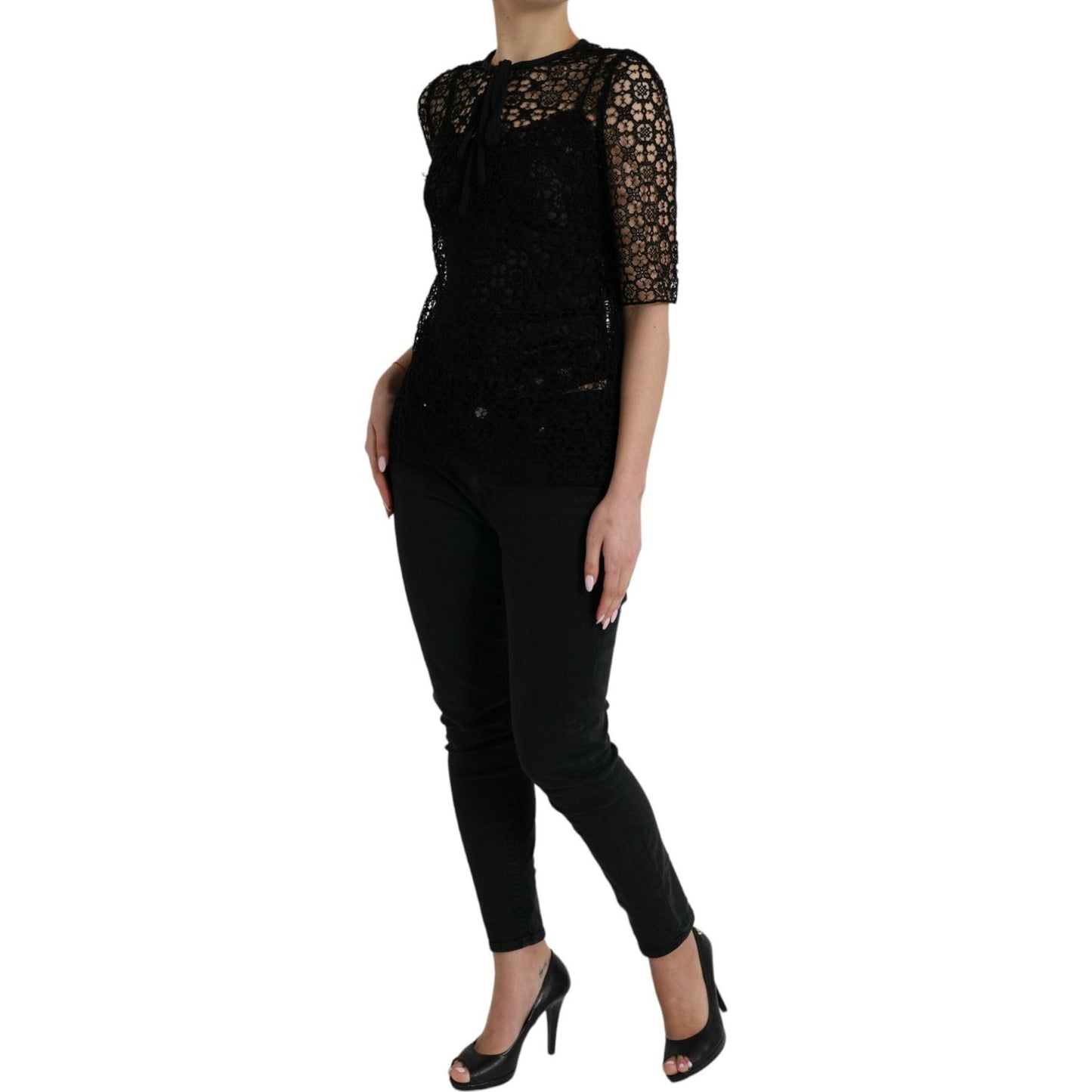 Dolce & Gabbana Black Floral Lace Short Sleeves Blouse Top TSH84797-38