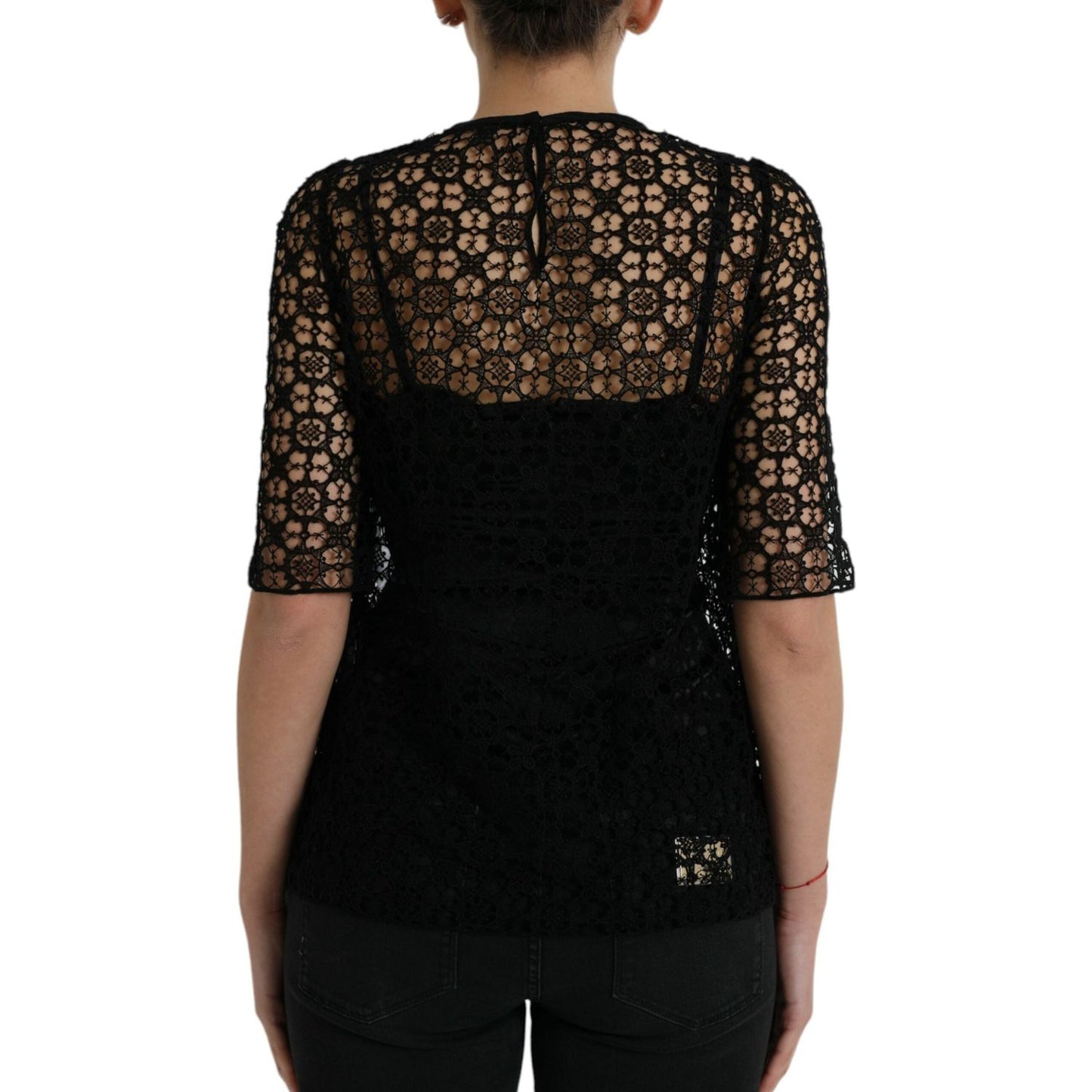 Dolce & Gabbana Black Floral Lace Short Sleeves Blouse Top TSH84797-38