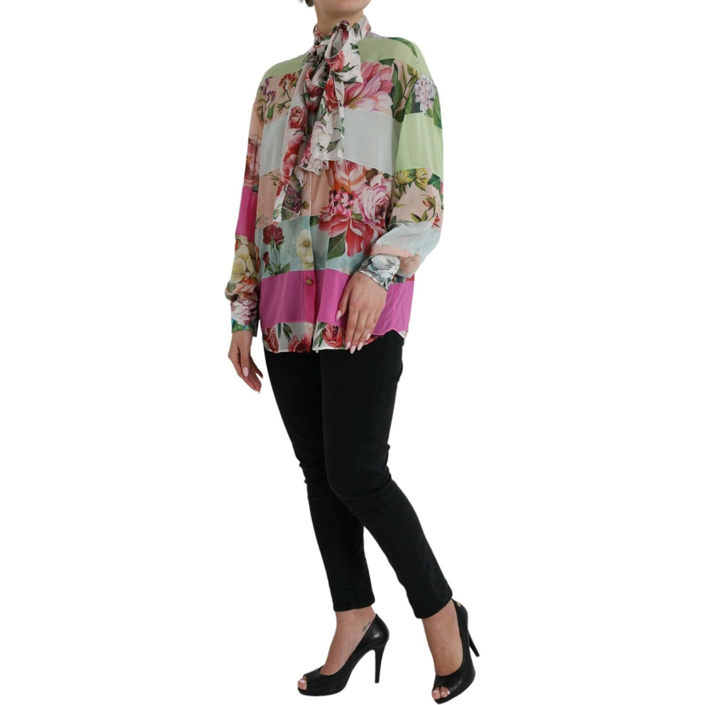 Dolce & Gabbana Multicolor Floral Patchwork Ascot Collar Top TSH84798-40
