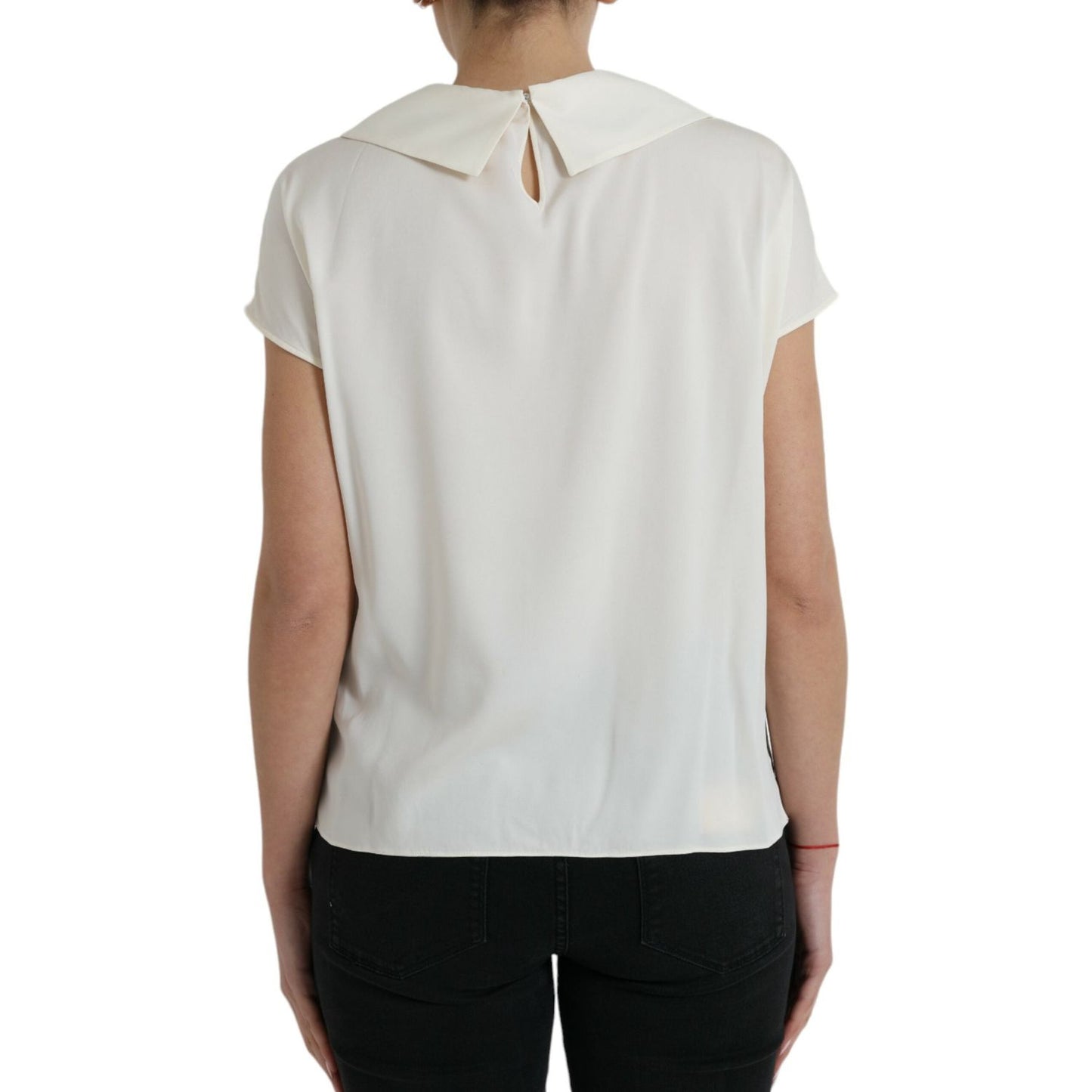 Dolce & Gabbana Off White Silk Lace Trim Short Sleeves Top TSH84840-44