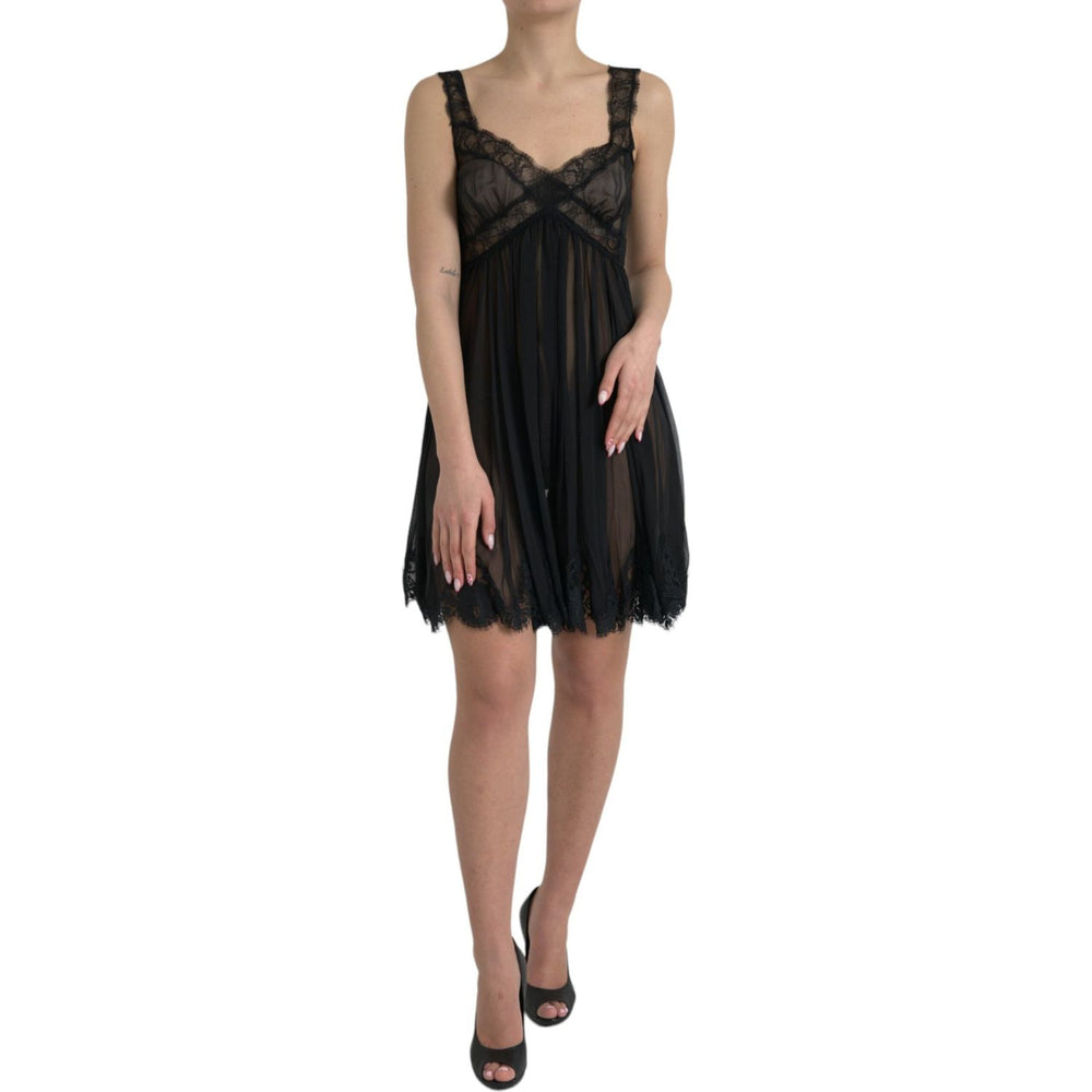 Dolce & Gabbana Black Silk Pleated Lace Chiffon Mini Dress DR281127-42