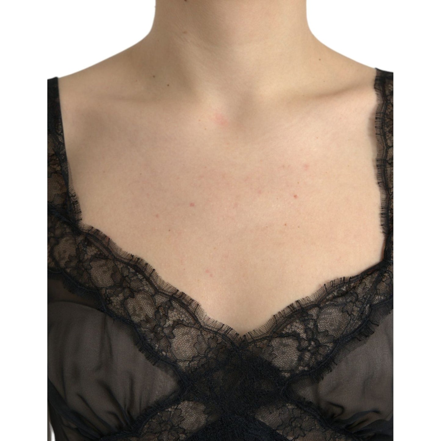 Dolce & Gabbana Black Silk Pleated Lace Chiffon Mini Dress DR281127-42