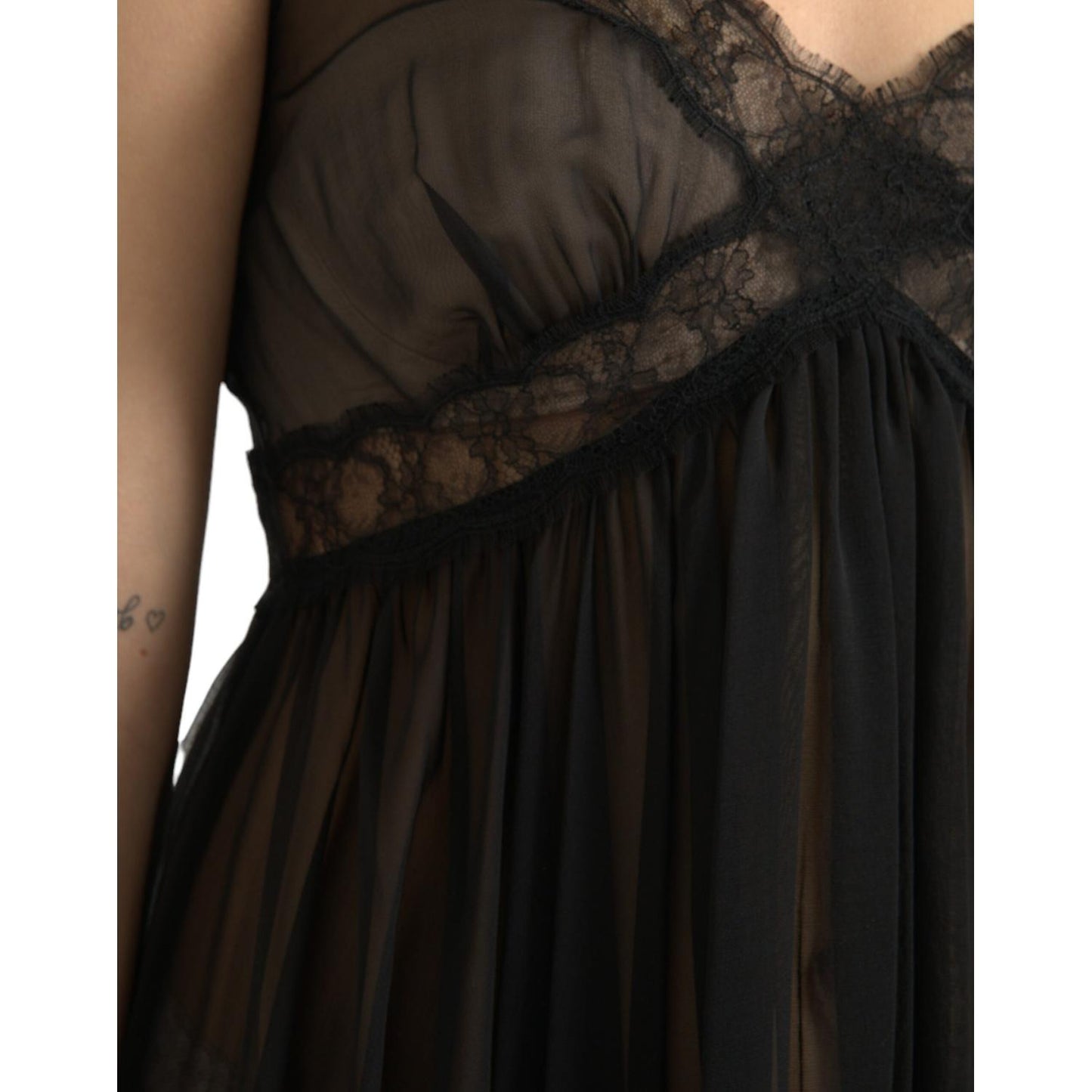 Dolce & Gabbana Black Silk Pleated Lace Chiffon Mini Dress DR281127-42