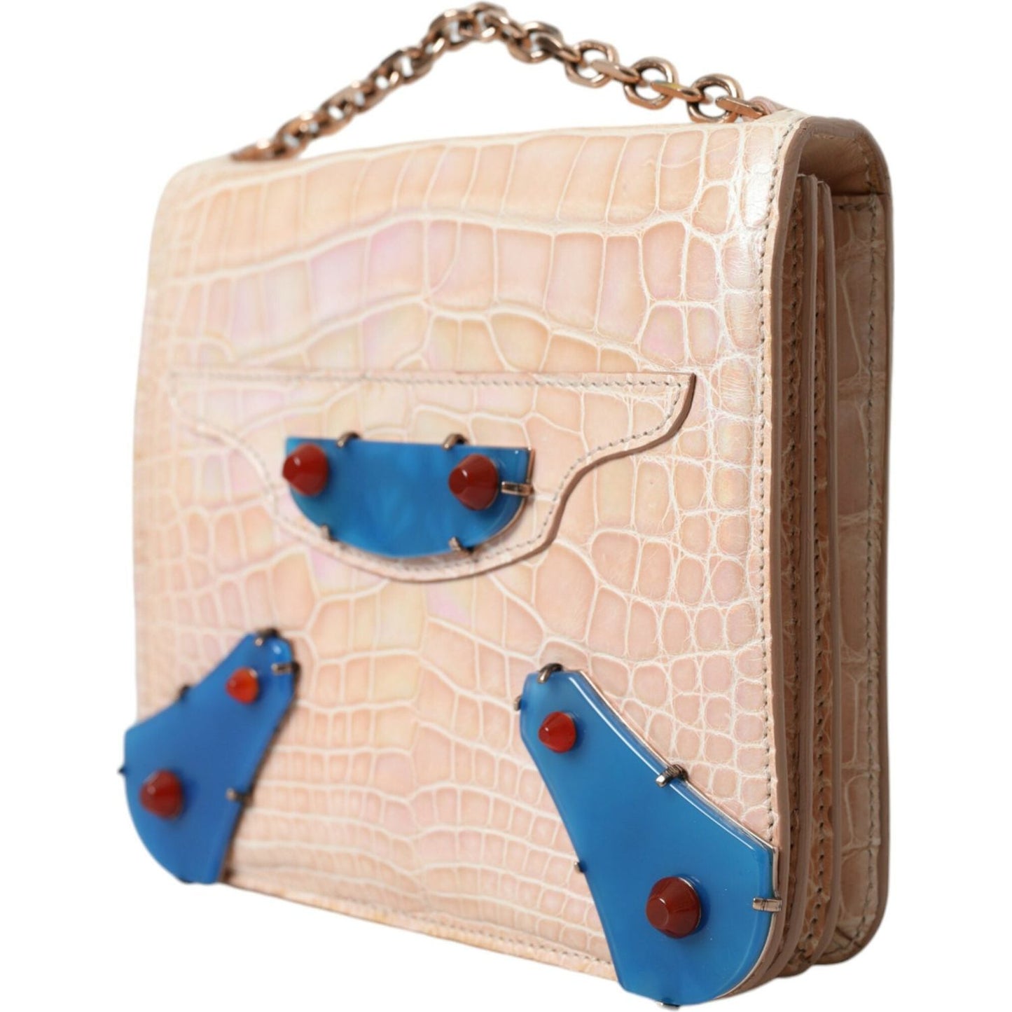 Balenciaga Beige Blue Agate Exotic Leather Gold Chain Purse Bag BAG1166