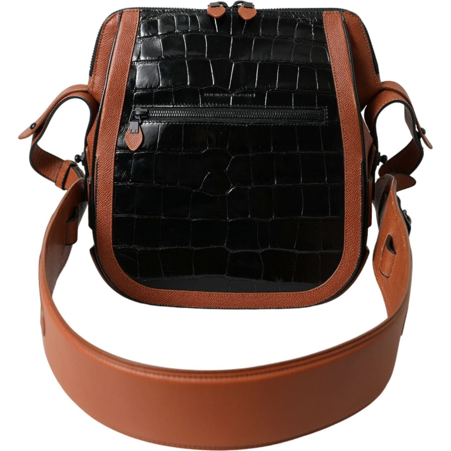 Balenciaga Black Brown Exotic Skin Leather Vertical Crossbody Purse Bag BAG1164