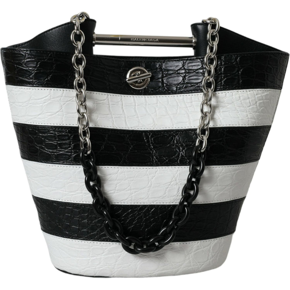 Balenciaga Black White Striped Exotic Skin Leather Maxi Bucket Tote Bag BAG1178