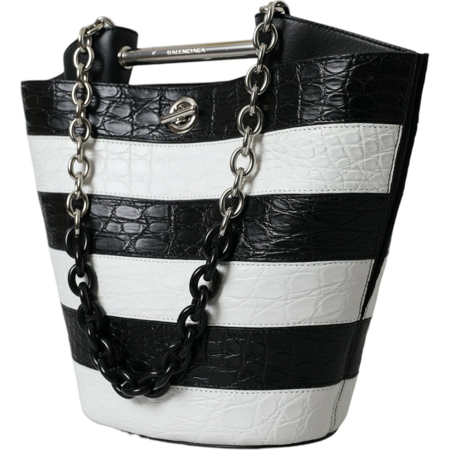 Balenciaga Black White Striped Exotic Skin Leather Maxi Bucket Tote Bag BAG1178