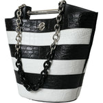 Balenciaga Black White Striped Exotic Skin Leather Maxi Bucket Tote Bag BAG1178