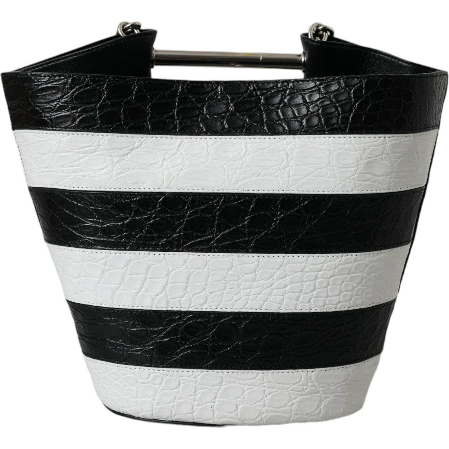 Balenciaga Black White Striped Exotic Skin Leather Maxi Bucket Tote Bag BAG1178