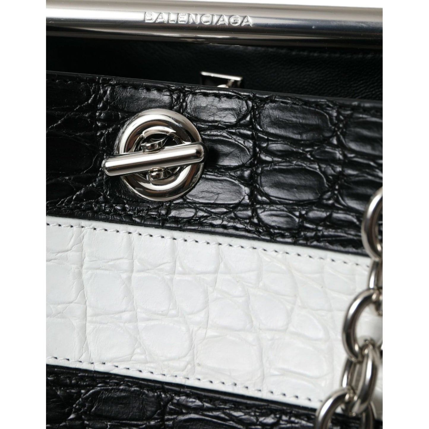 Balenciaga Black White Striped Exotic Skin Leather Maxi Bucket Tote Bag BAG1178