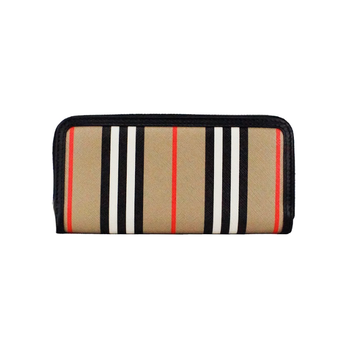 Burberry Ellerby Black Leather Icon Stripe Canvas Zip Around Continental Wallet 90693