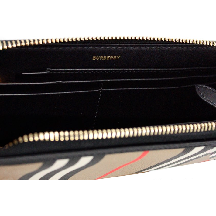 Burberry Ellerby Black Leather Icon Stripe Canvas Zip Around Continental Wallet 90693