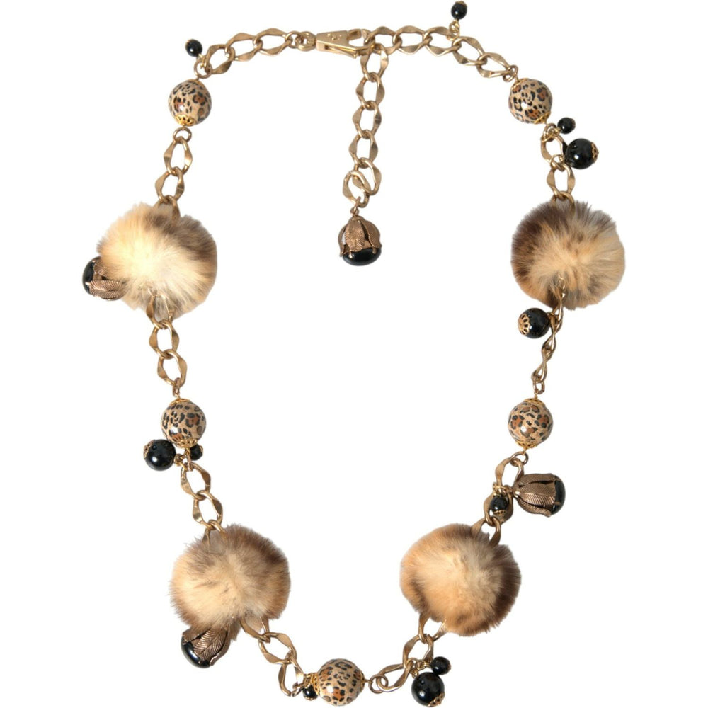 Dolce & Gabbana Gold Brass Leopard Fur Pearl Collier Chain Belt SMY101402-100