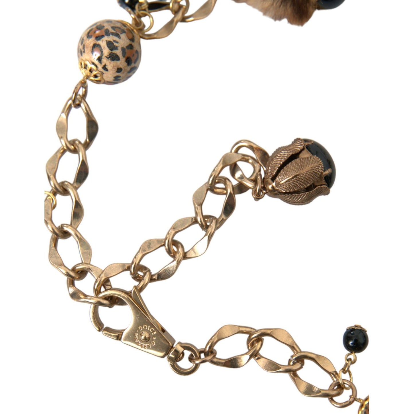 Dolce & Gabbana Gold Brass Leopard Fur Pearl Collier Chain Belt SMY101402-100