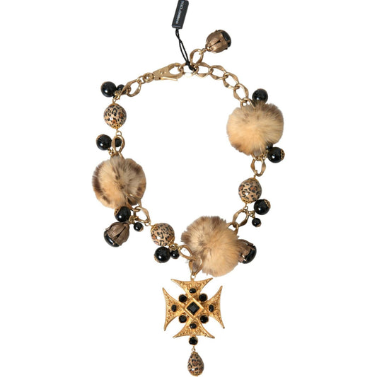 Dolce & Gabbana Gold Black Crystals Lapin Fur Filigree Chocker Necklace Necklace