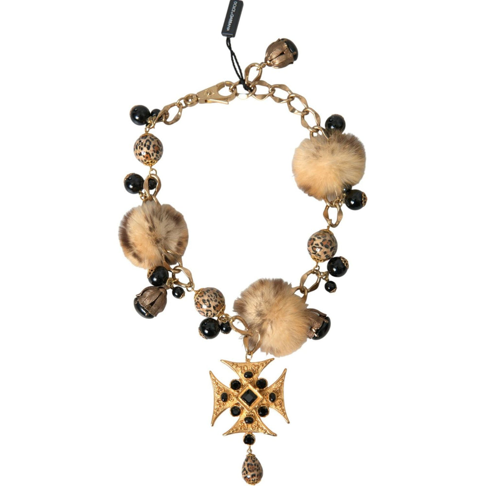 Dolce & Gabbana Gold Black Crystals Lapin Fur Filigree Chocker Necklace SMY101403