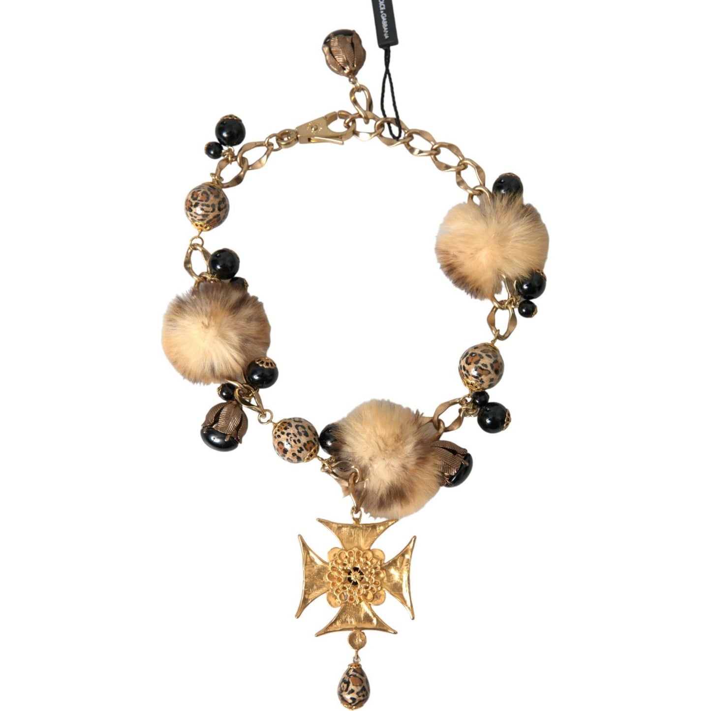 Dolce & Gabbana Gold Black Crystals Lapin Fur Filigree Chocker Necklace SMY101403