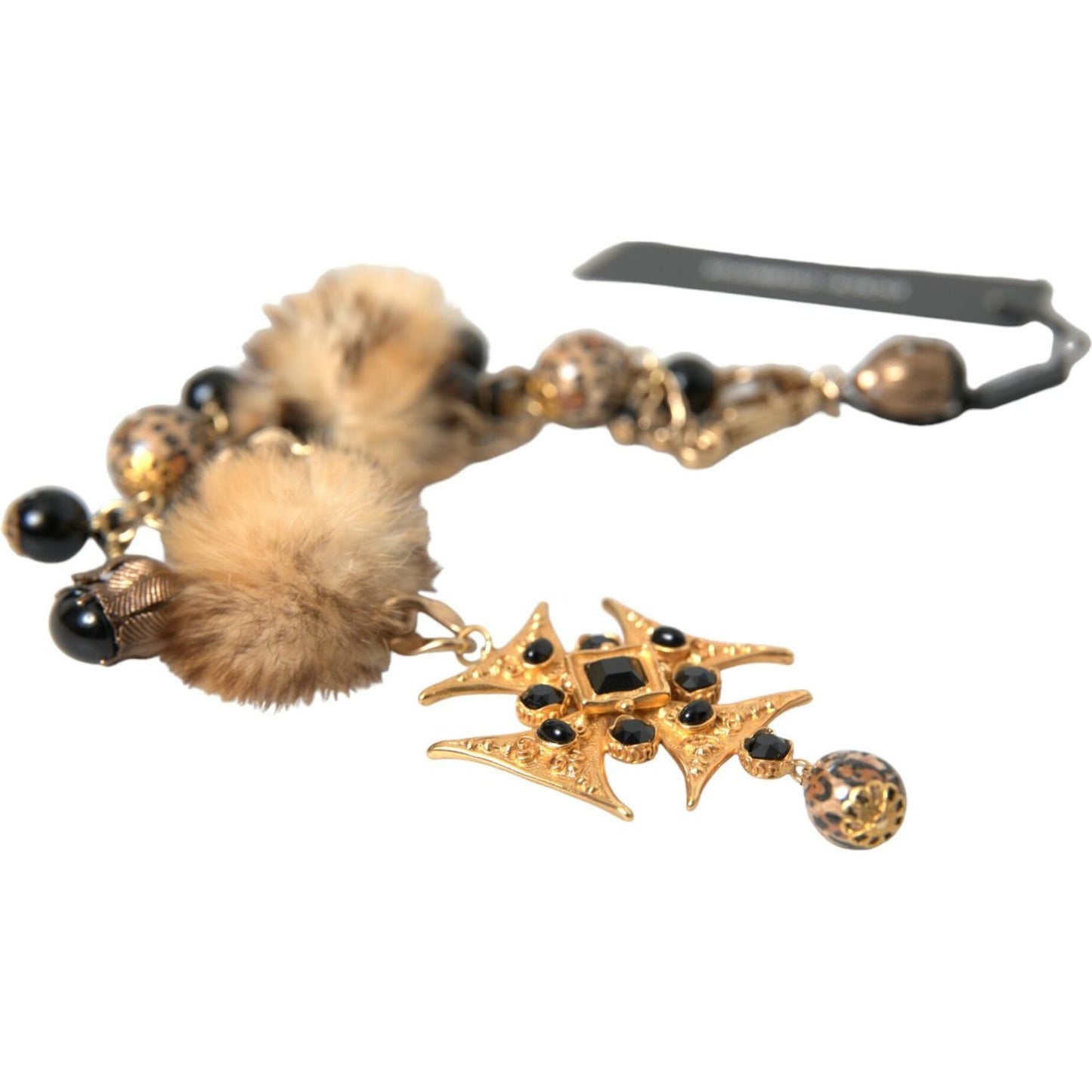 Dolce & Gabbana Gold Black Crystals Lapin Fur Filigree Chocker Necklace SMY101403