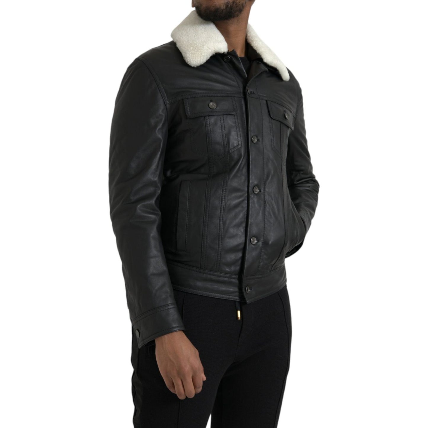 Dolce & Gabbana Black Leather Fur Collar Biker Coat Jacket JKT4049-46