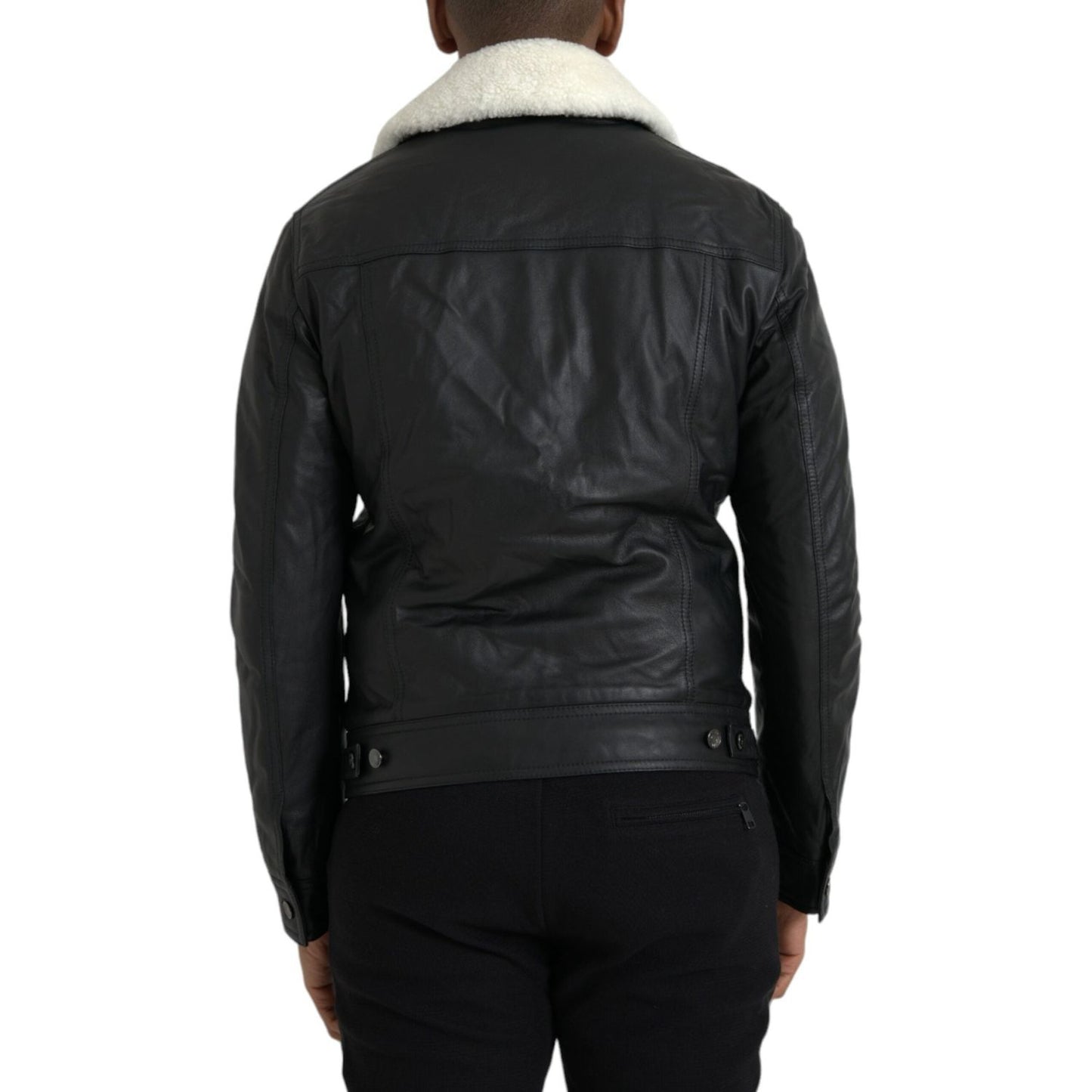 Dolce & Gabbana Black Leather Fur Collar Biker Coat Jacket JKT4049-46