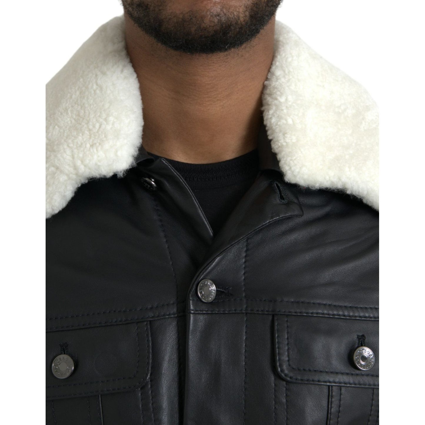 Dolce & Gabbana Black Leather Fur Collar Biker Coat Jacket JKT4049-46