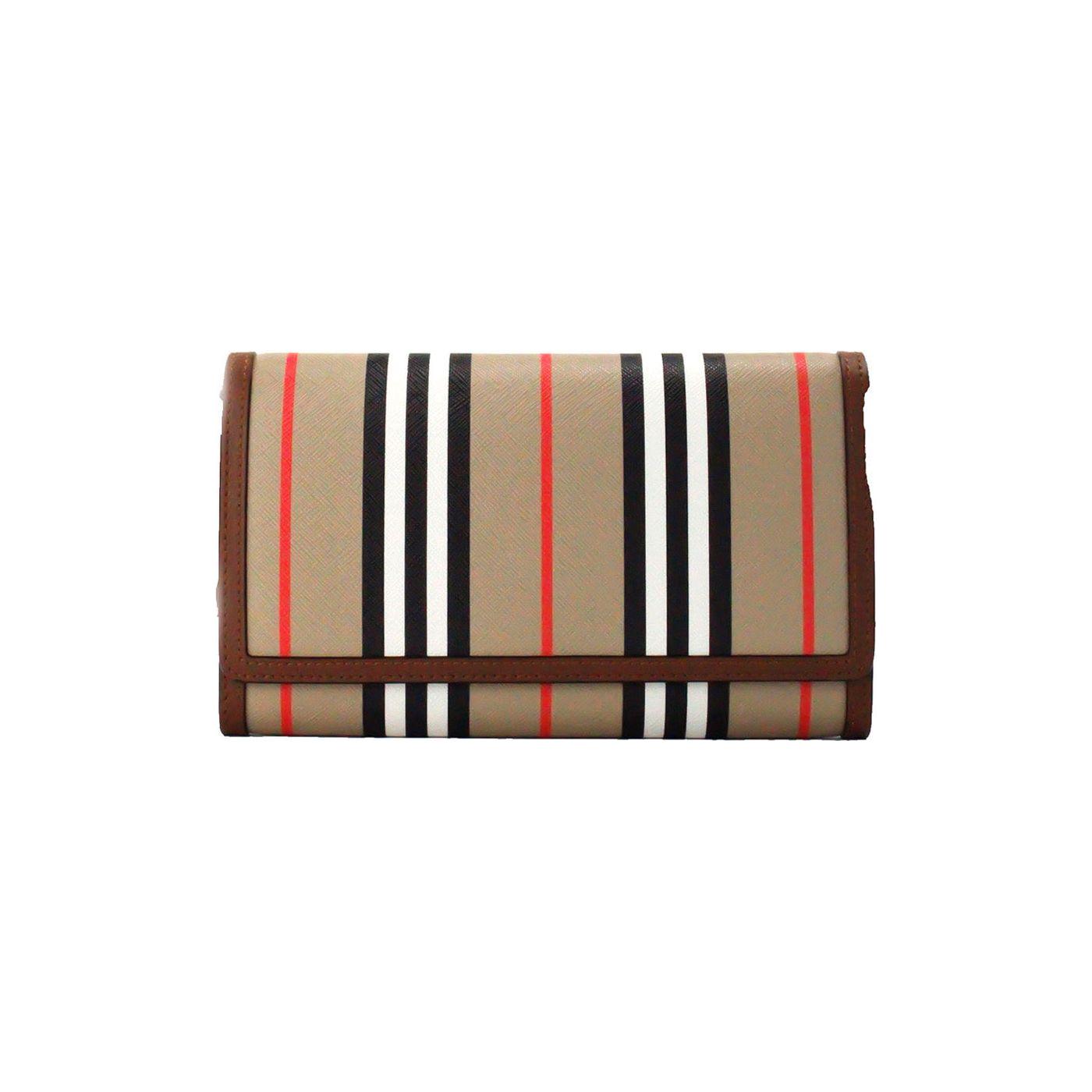 Burberry Hannah Icon Stripe Archive Tan E-Canvas Leather Wallet Crossbody Bag 89857