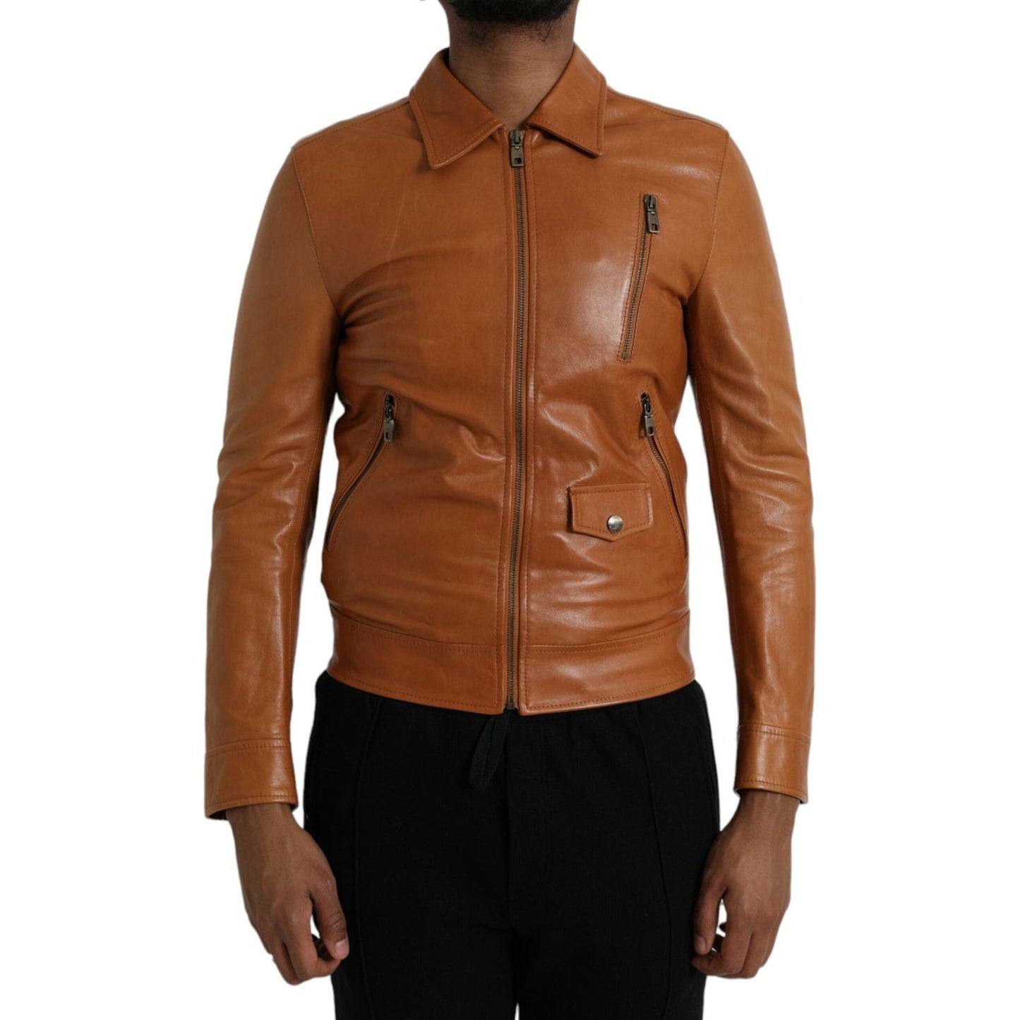 Dolce & Gabbana Brown Lamb Leather Full Zip Blouson Jacket JKT4047-44