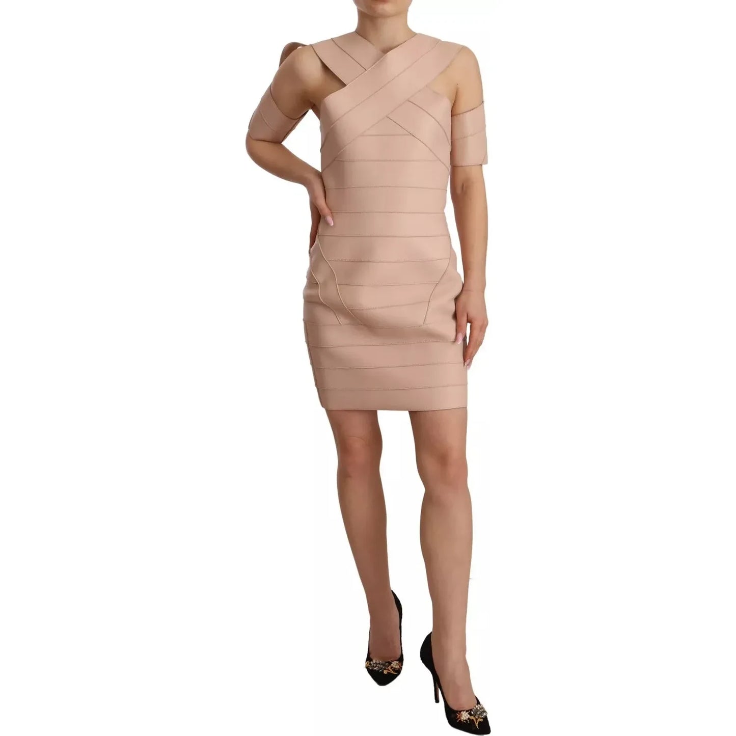 Dsquared² Beige Leather Open Shoulder Sheath Mini Dress 295403198452 -42