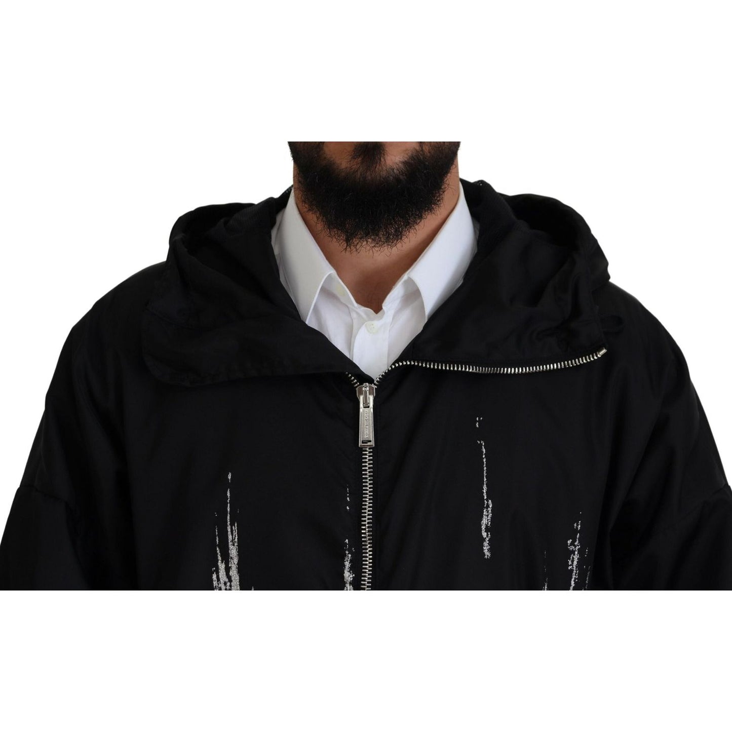 Dsquared² Black White Print Long Hooded Coat Nylon Jacket JKT3547-48