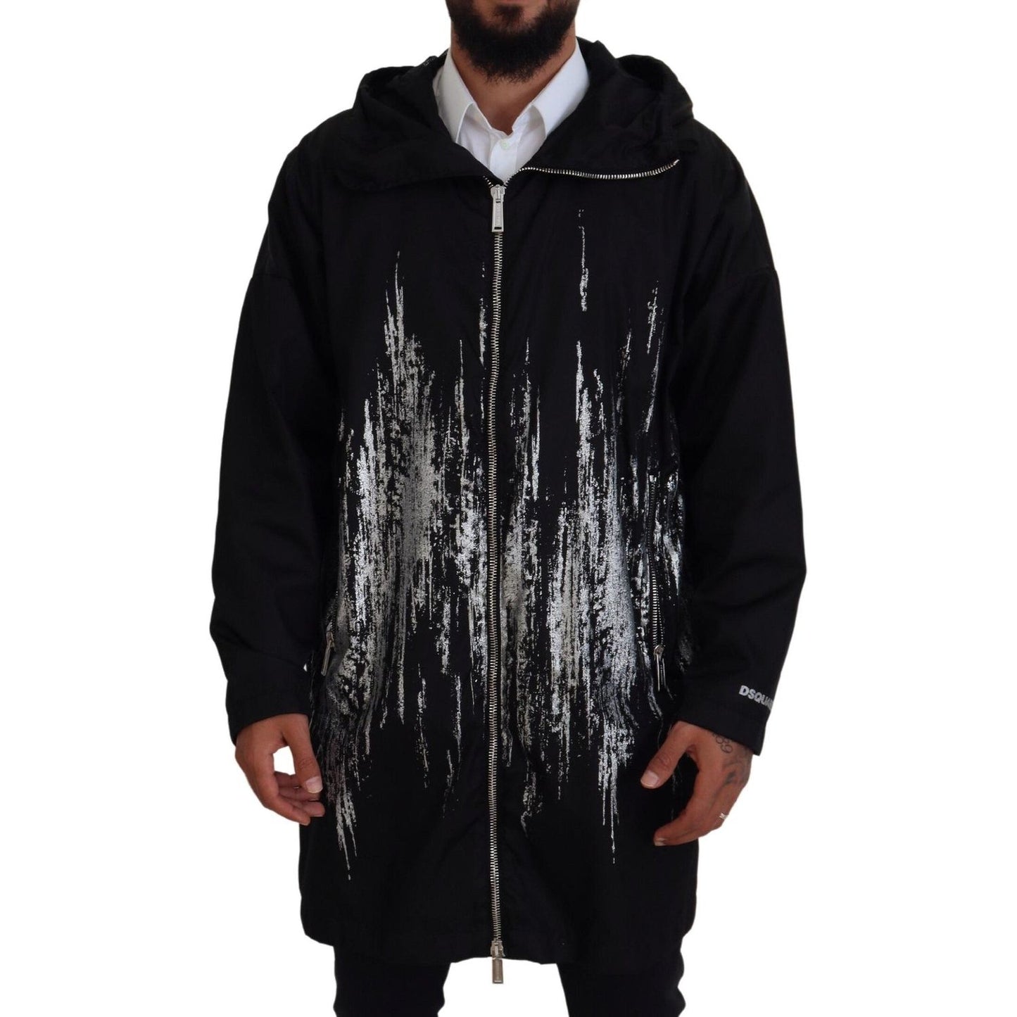 Dsquared² Black White Print Long Hooded Coat Nylon Jacket JKT3547-48