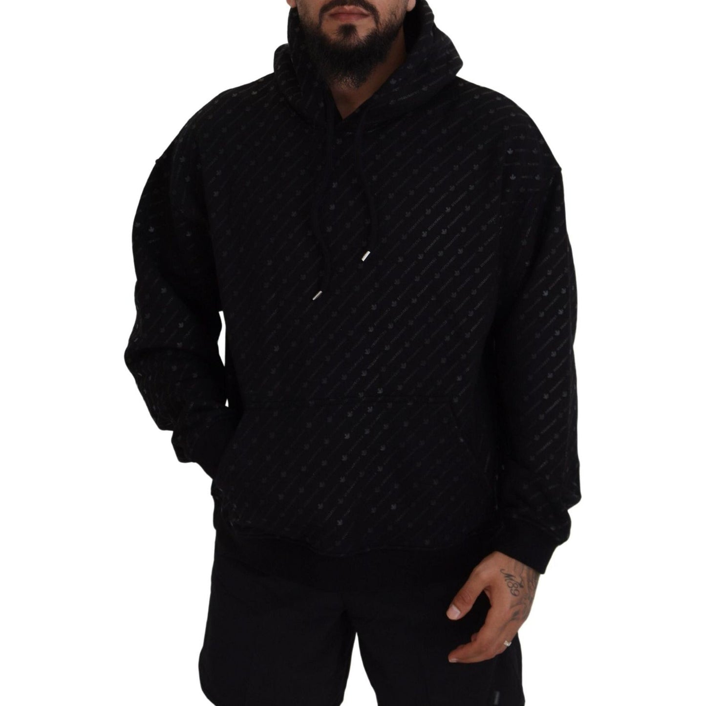 Dsquared² Black Cotton Hooded Printed Men Pullover Sweater TSH83492-48