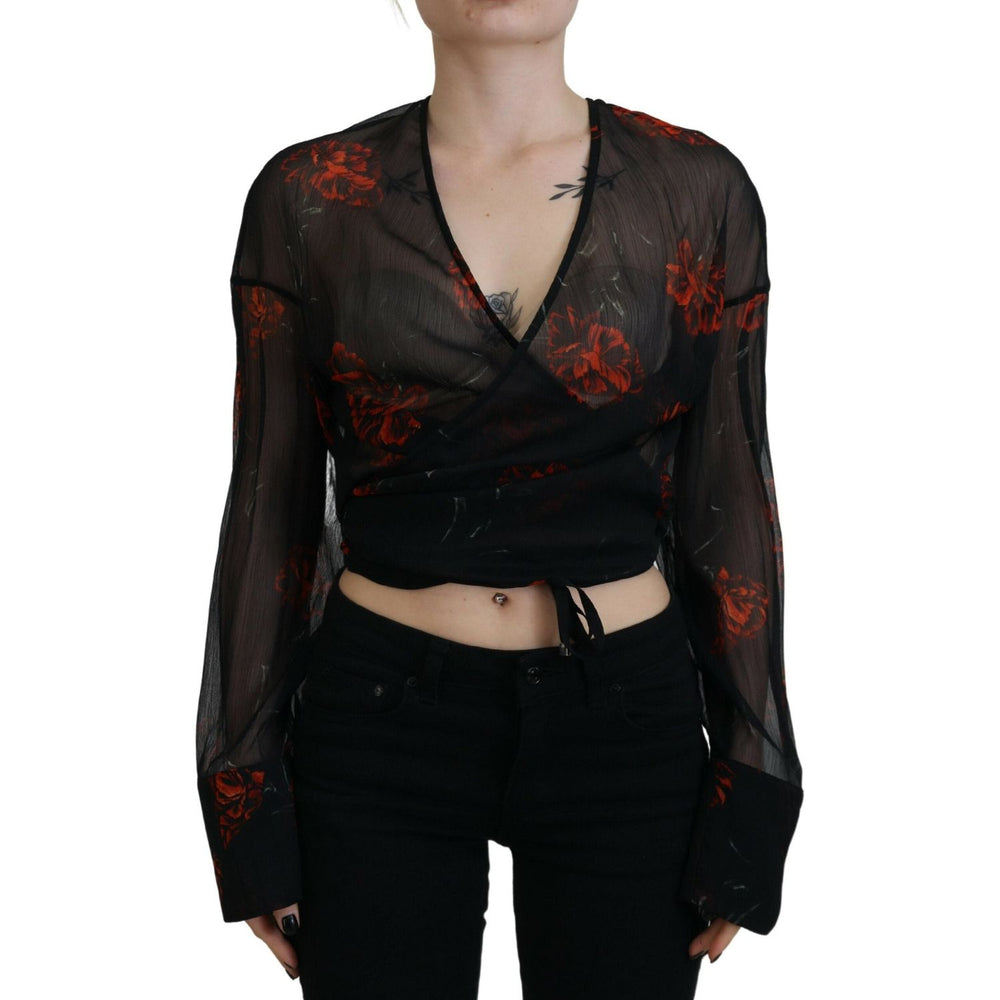 Dsquared² Black Floral Print Cropped Wrap Long Sleeves Top TSH83377-38