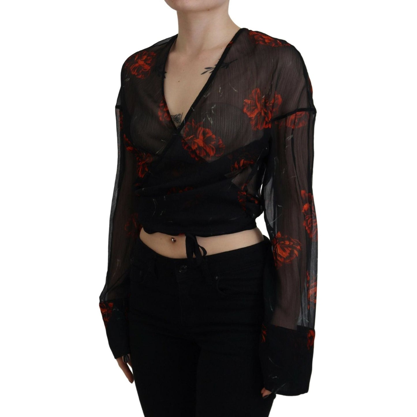 Dsquared² Black Floral Print Cropped Wrap Long Sleeves Top TSH83377-38