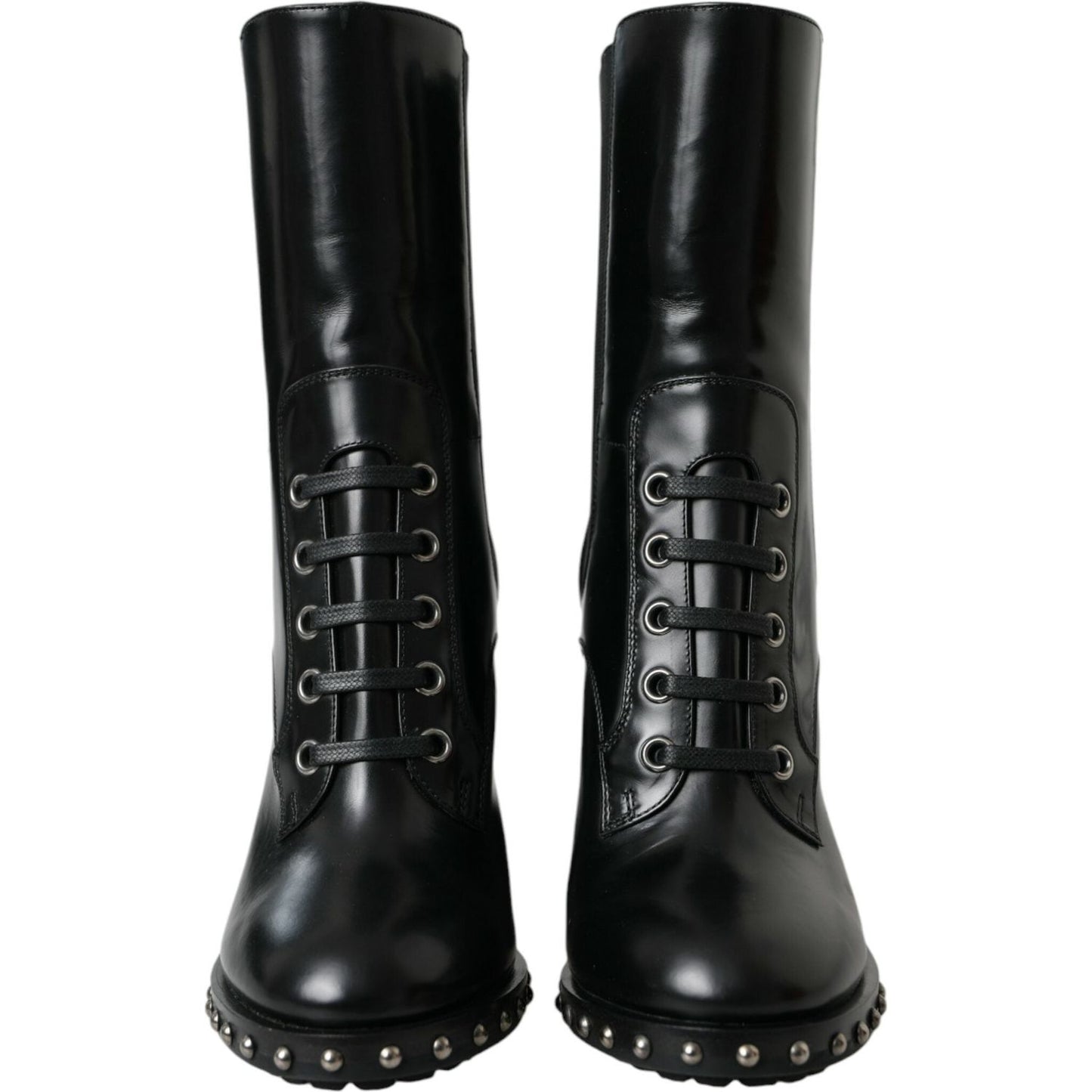 Dolce & Gabbana Black Leather Studded Lace Up Boots Shoes LA10927-36