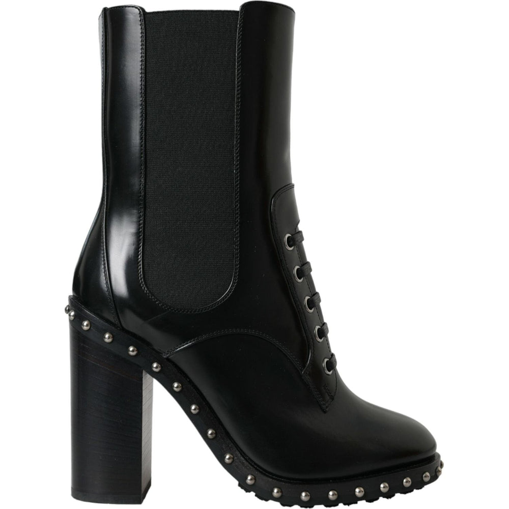 Dolce & Gabbana Black Leather Studded Lace Up Boots Shoes LA10927-36