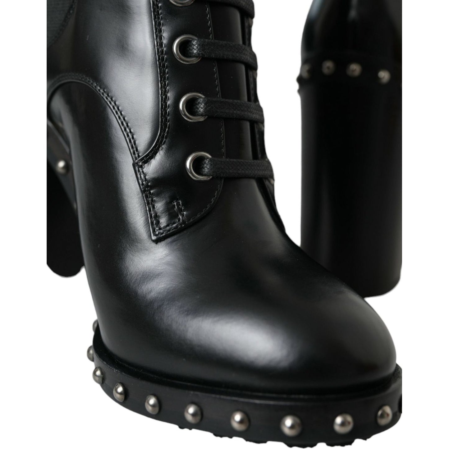 Dolce & Gabbana Black Leather Studded Lace Up Boots Shoes LA10927-36